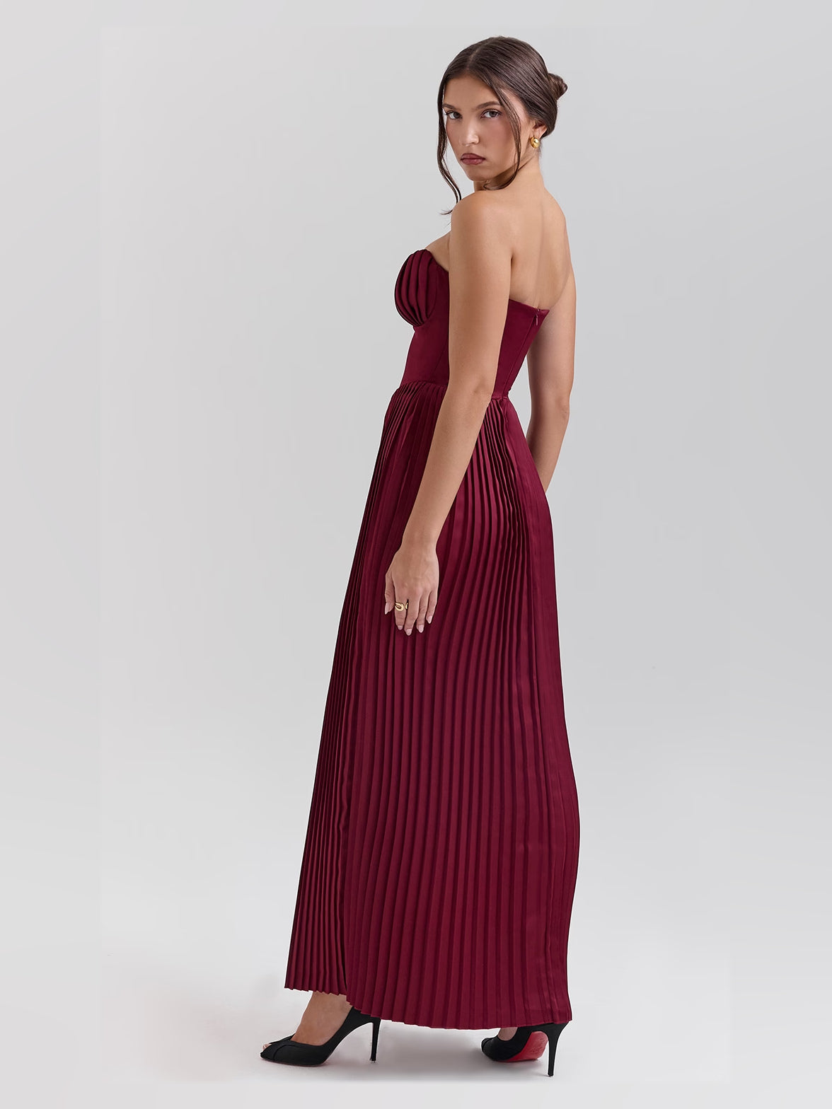 Burgundy a-line maxi formal dress with pleated skirt, alternate full-length view showing the skirt
