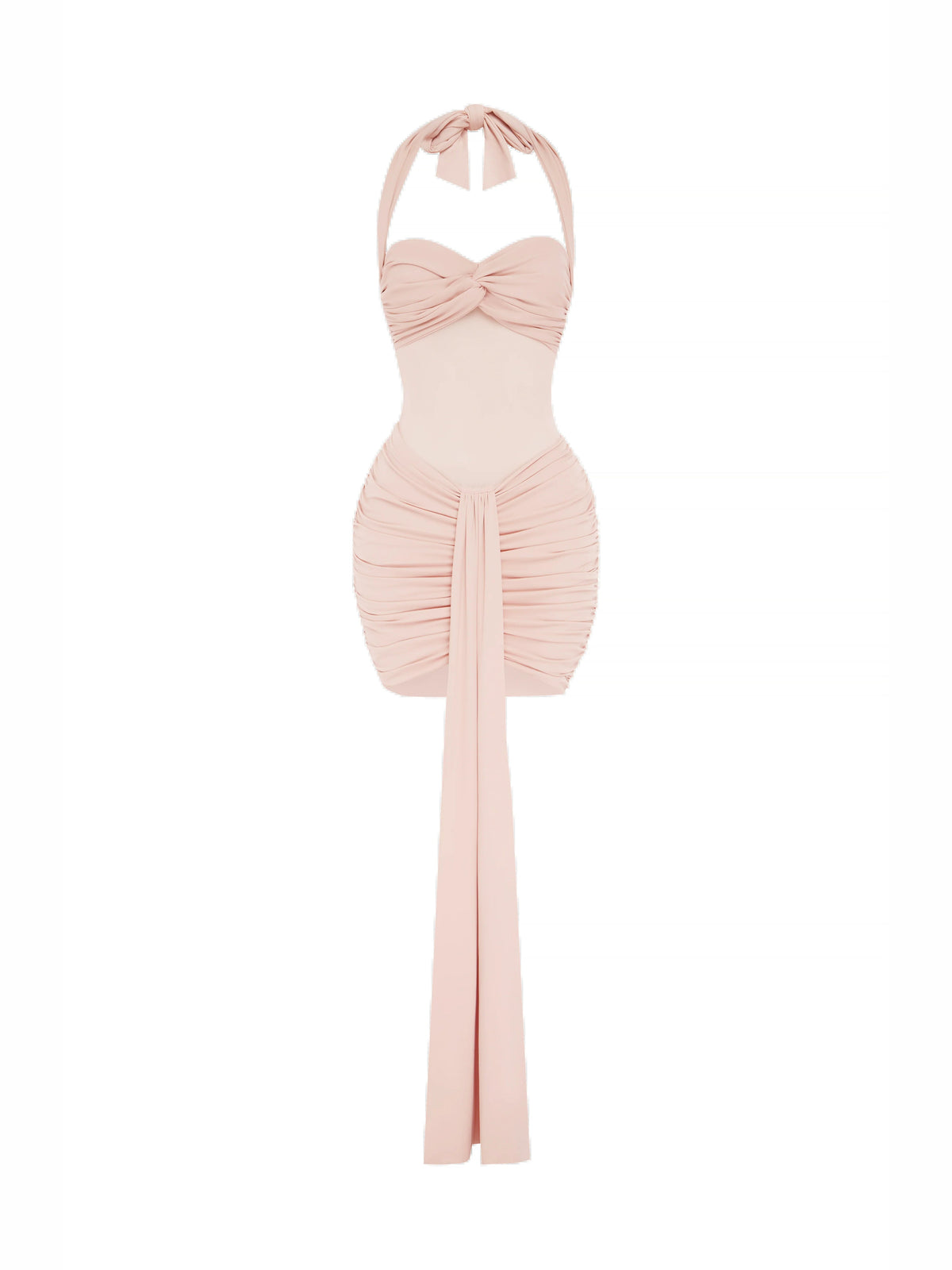 Blush halter mini dress with ruched skirt and long back tie sash detail