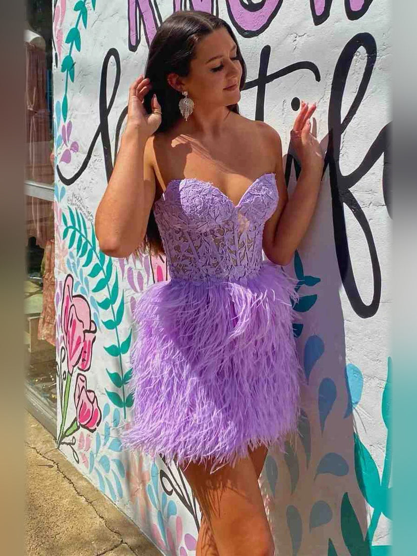 Lilac sweetheart corset mini dress with lace bodice and feather fringe skirt