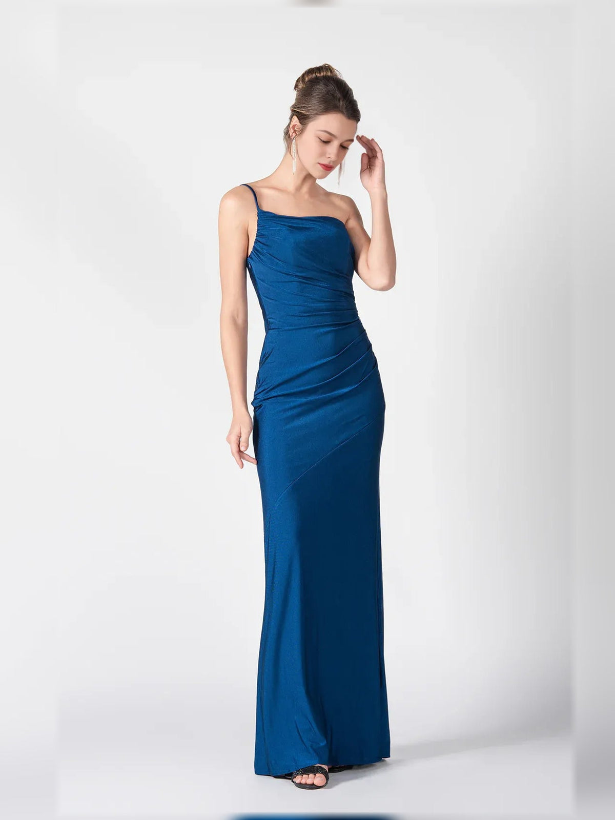 One-shoulder ruched mermaid formal dress, dark blue, floor-length, front view