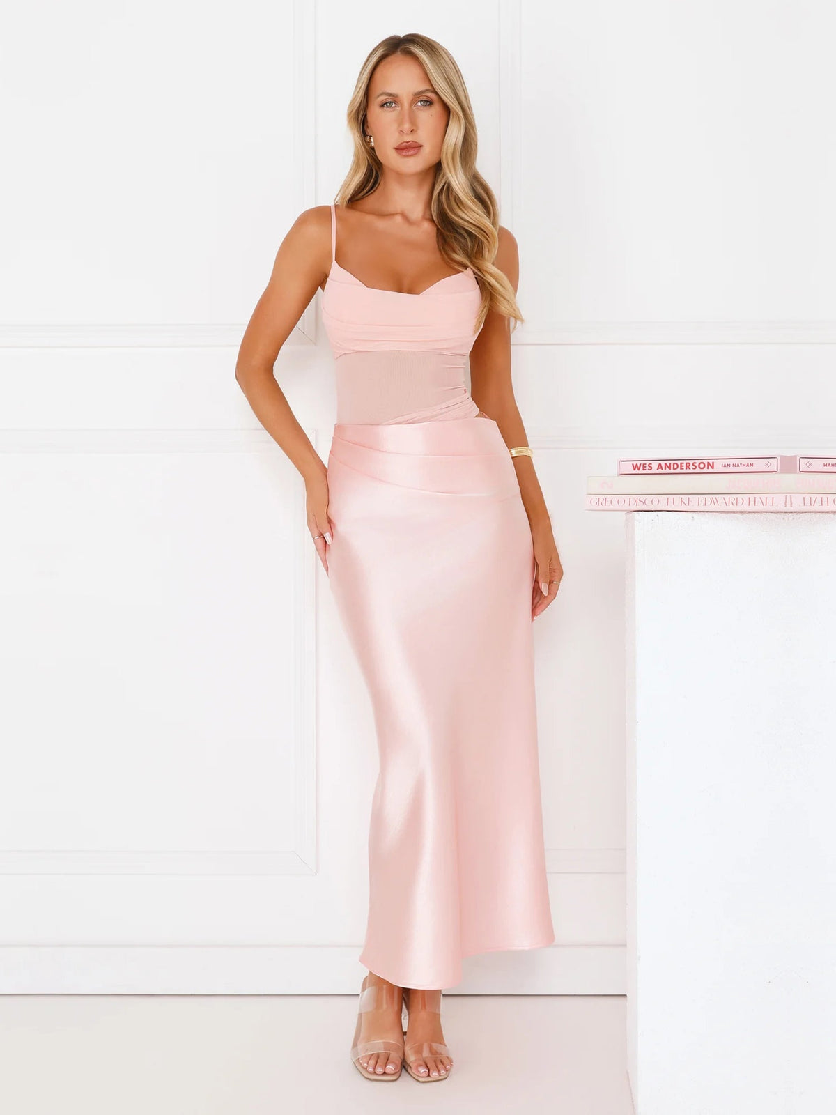 Pink sheath maxi formal dress with strapless neckline, alternate view showing the skirt
