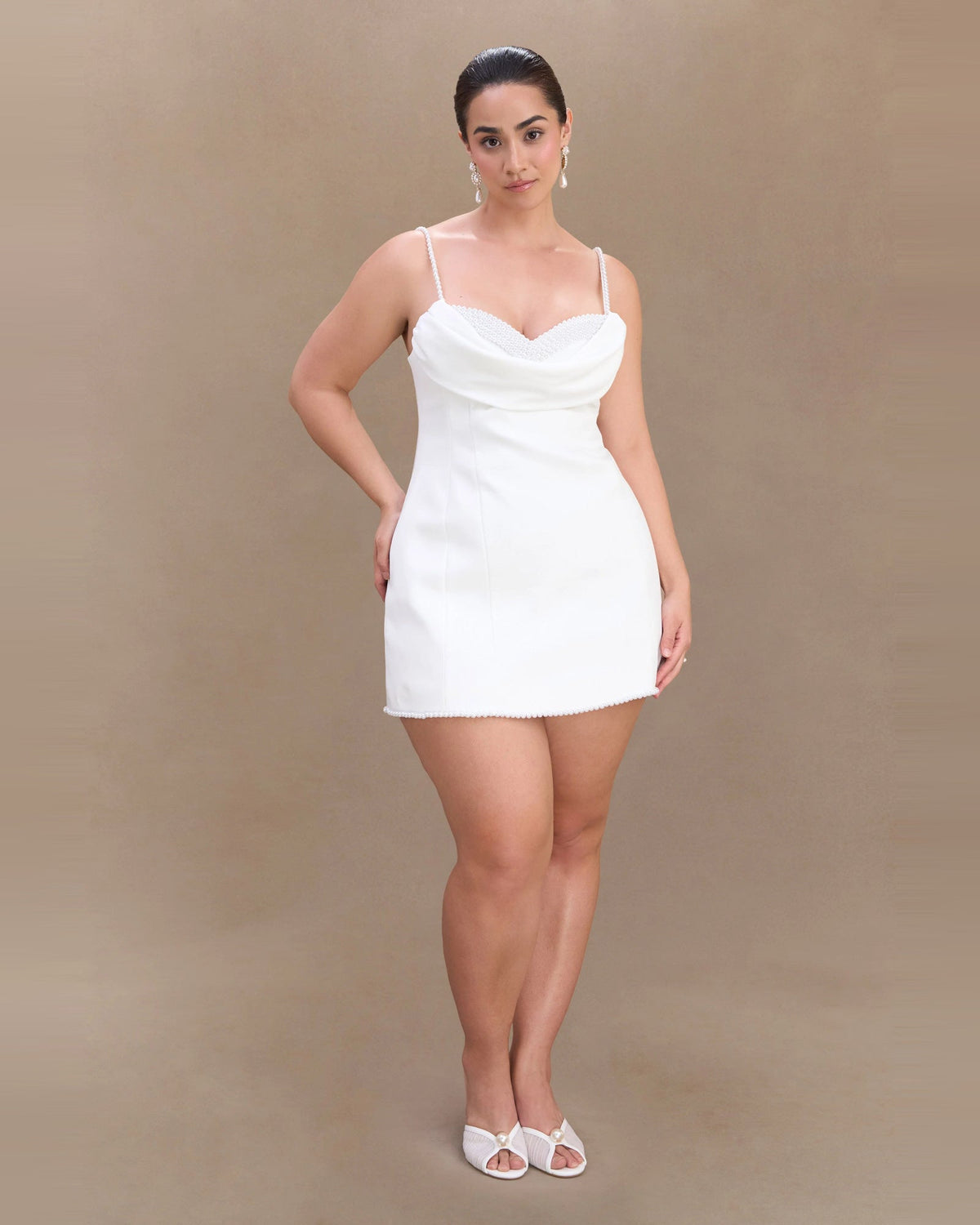 satin cowl neck pearl strap homecoming dress - image 6