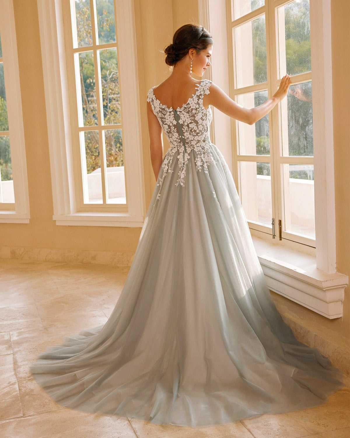 cap sleeve v-neck lace applique a-line wedding dress - image 6