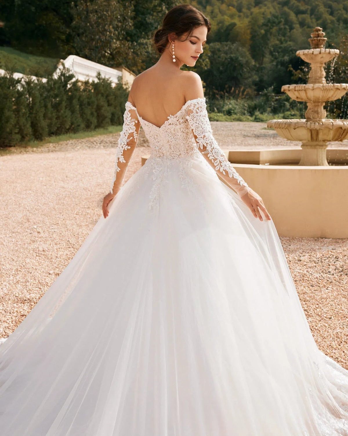 off-shoulder lace sleeve tulle wedding ball gown - image 6