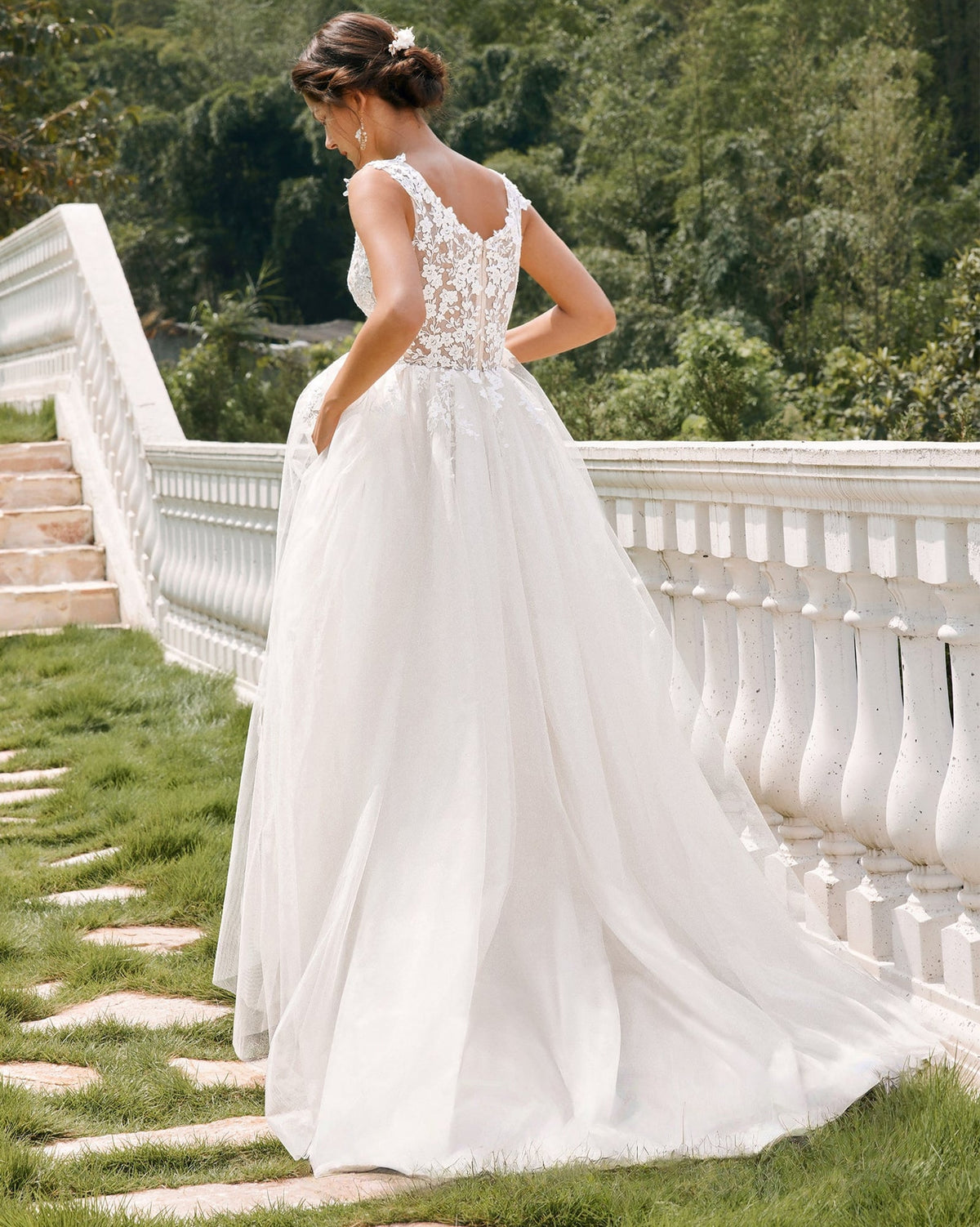 sleeveless v-neck lace tulle a-line wedding dress - image 6