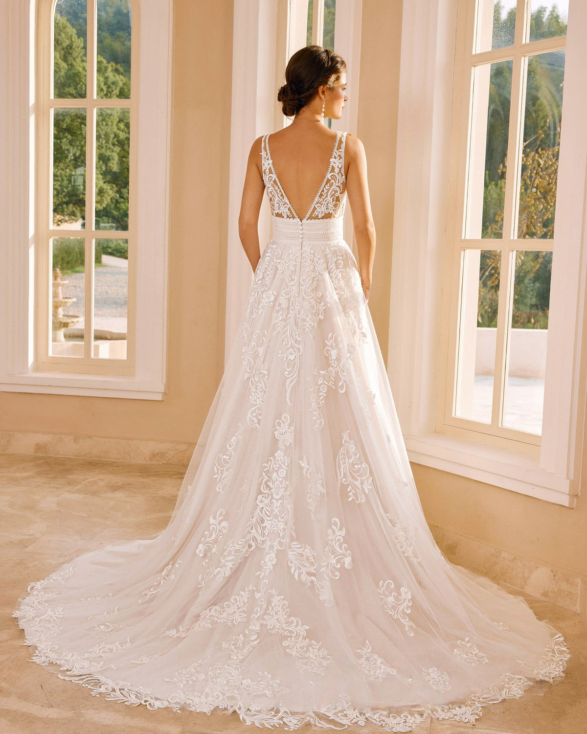 sleeveless v-neck lace tulle chapel train wedding dress - image 6