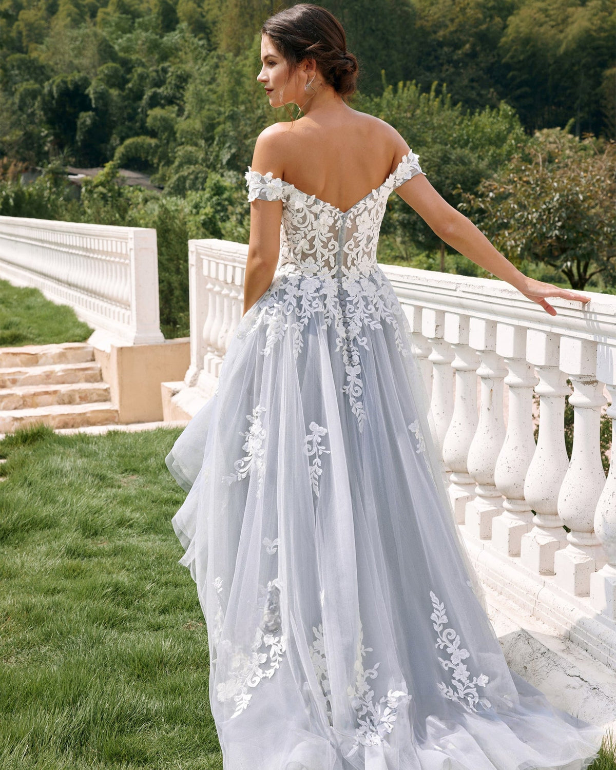 off-shoulder lace applique tulle ball gown wedding dress - image 6