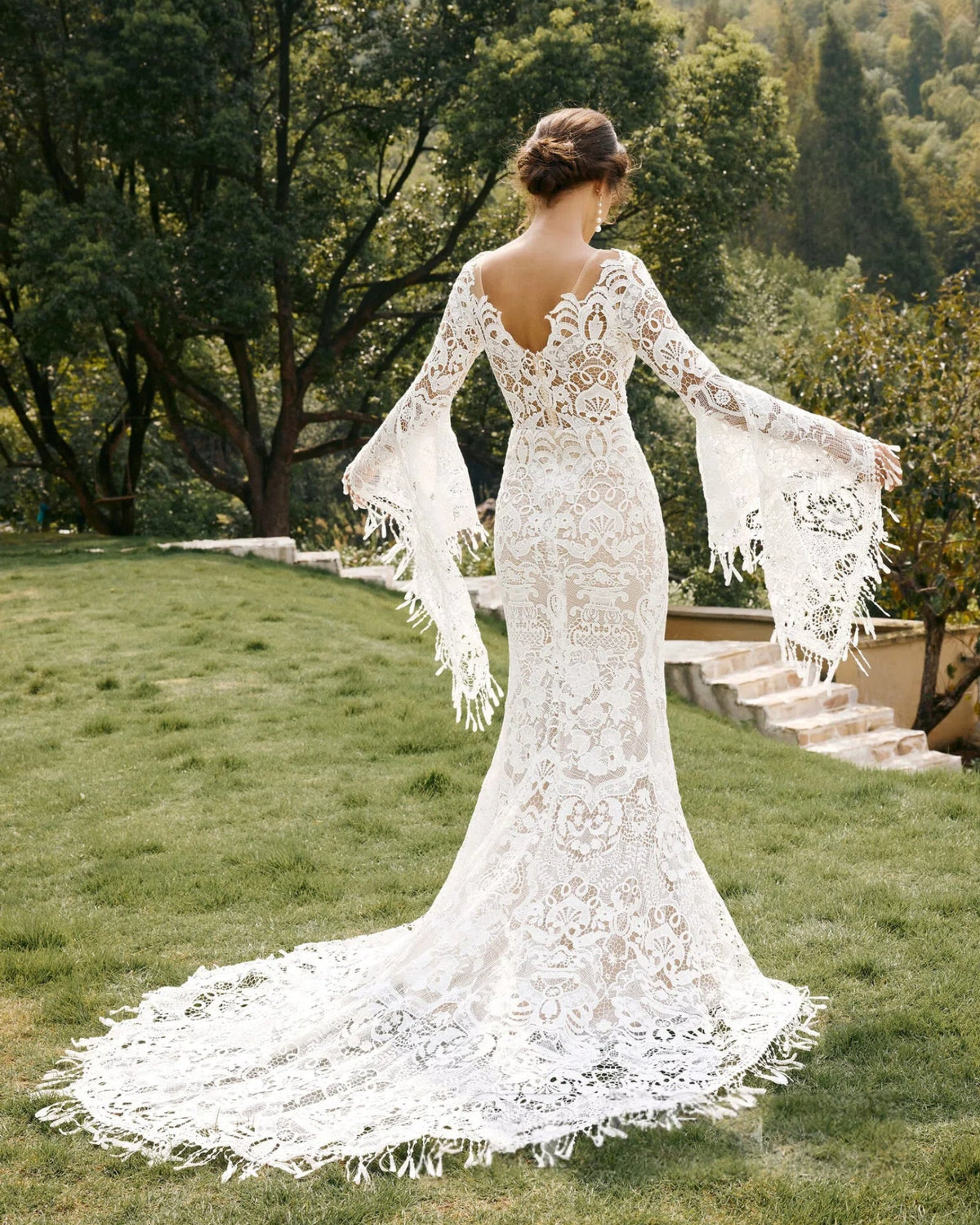 fringe bell sleeve lace mermaid wedding dress - image 6