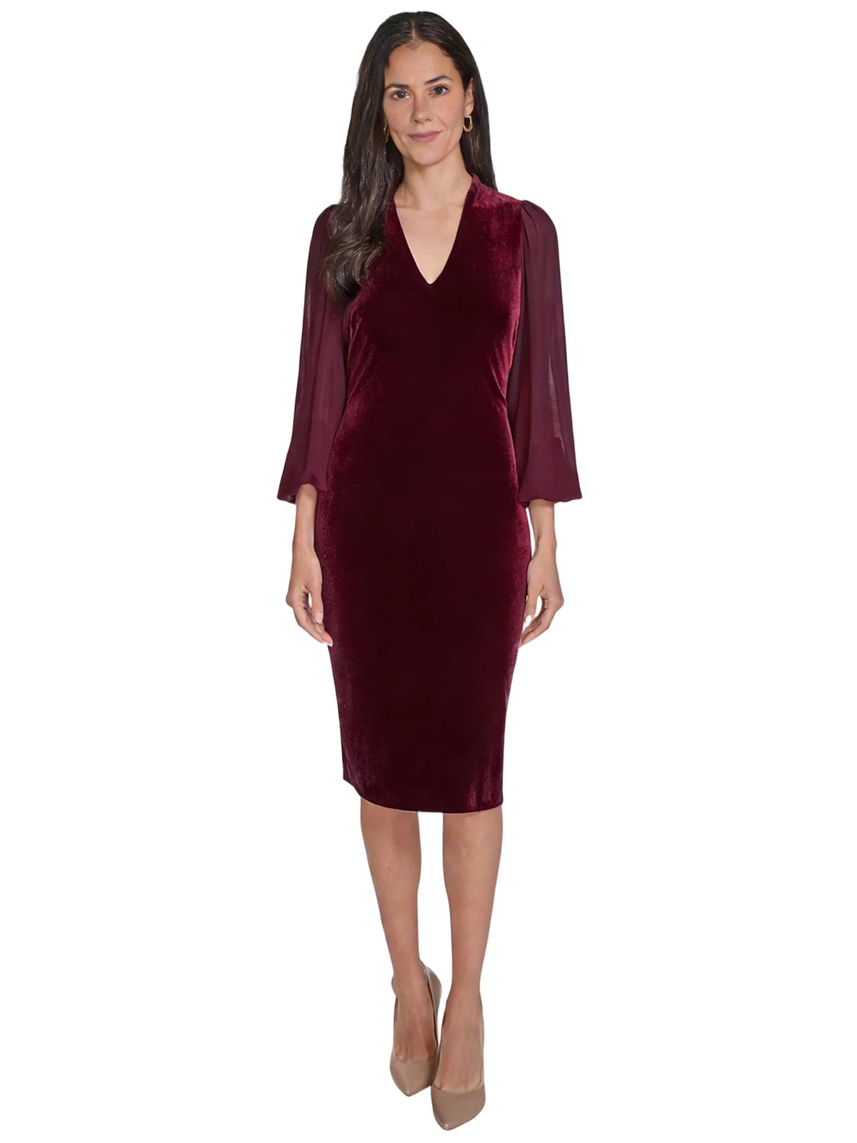 Cabernet V-neck fitted midi dress with draped chiffon sleeves and straight hem