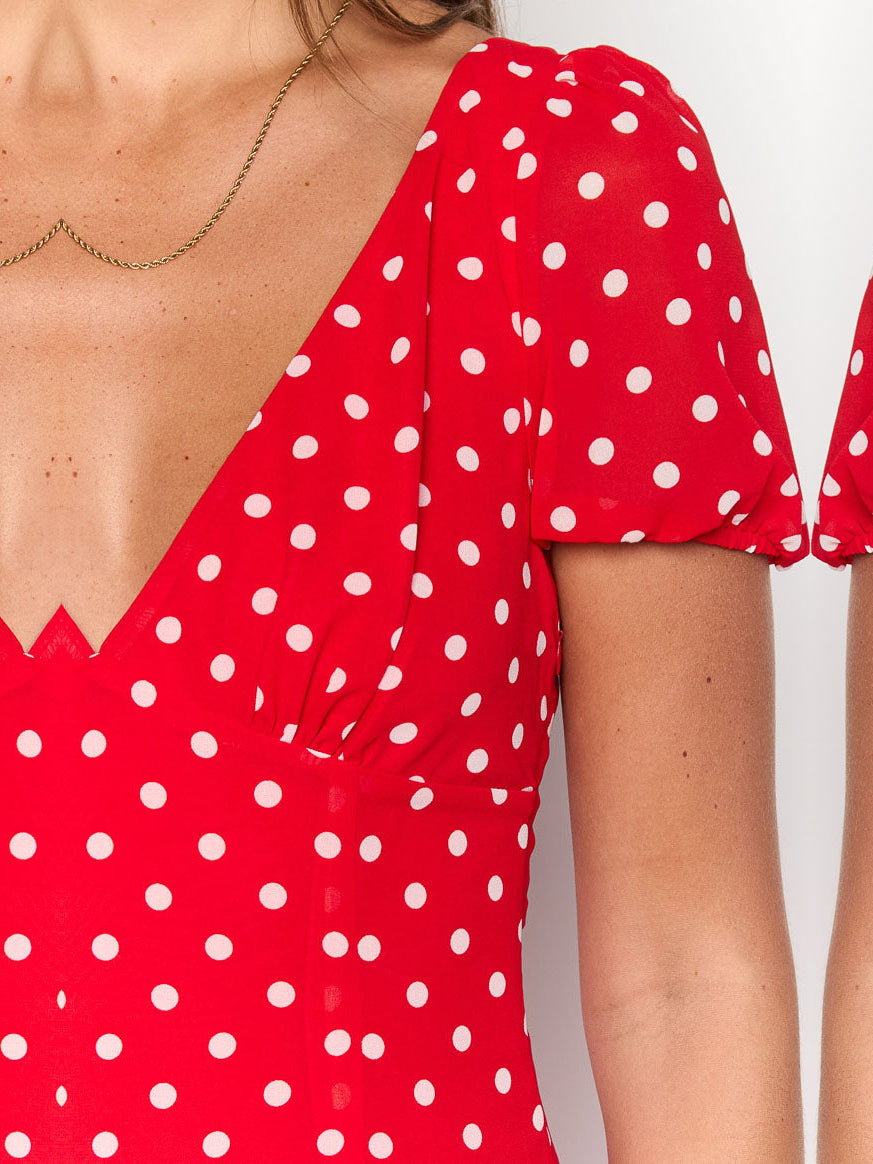 Red Polka Dot sheath maxi formal dress with printed pattern, alternate view showing the hem