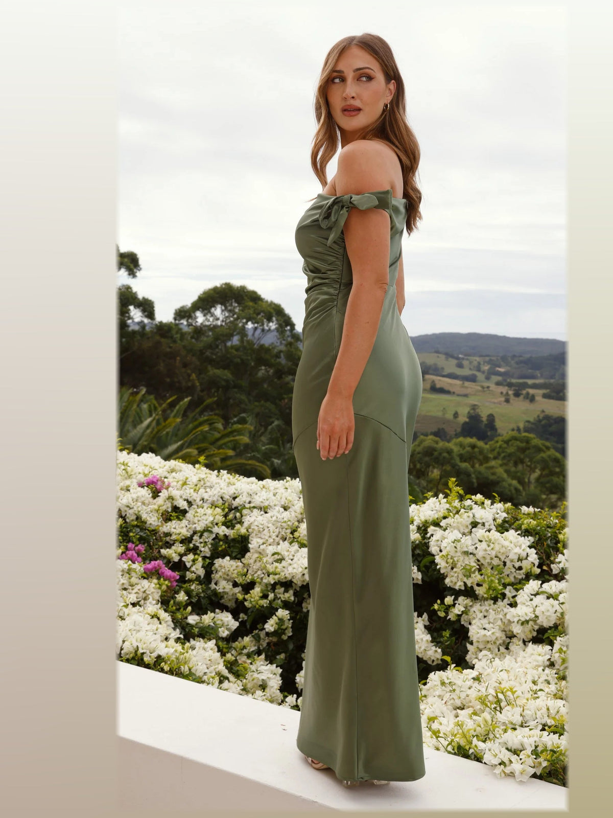 Olive maxi formal dress, alternate full-length view showing the overall shape
