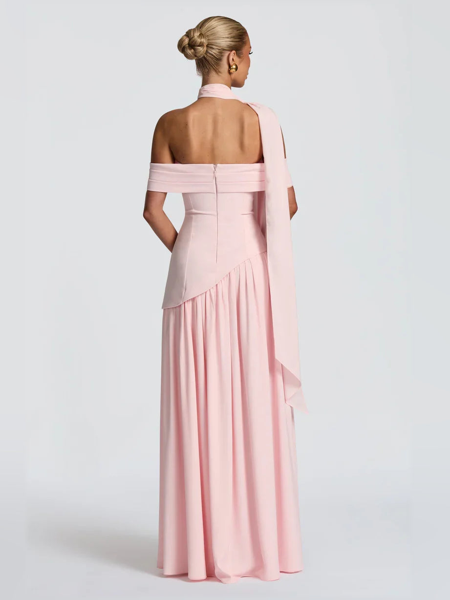 Blush pink off-shoulder pleated floor-length dress with scooped back and long sash