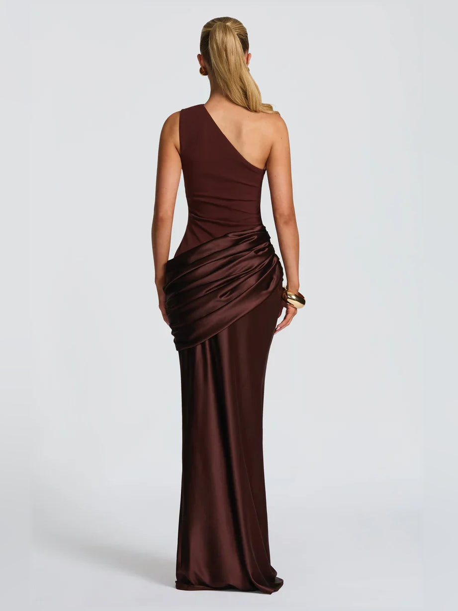 Brown satin one-shoulder ruched mermaid maxi formal dress, back view