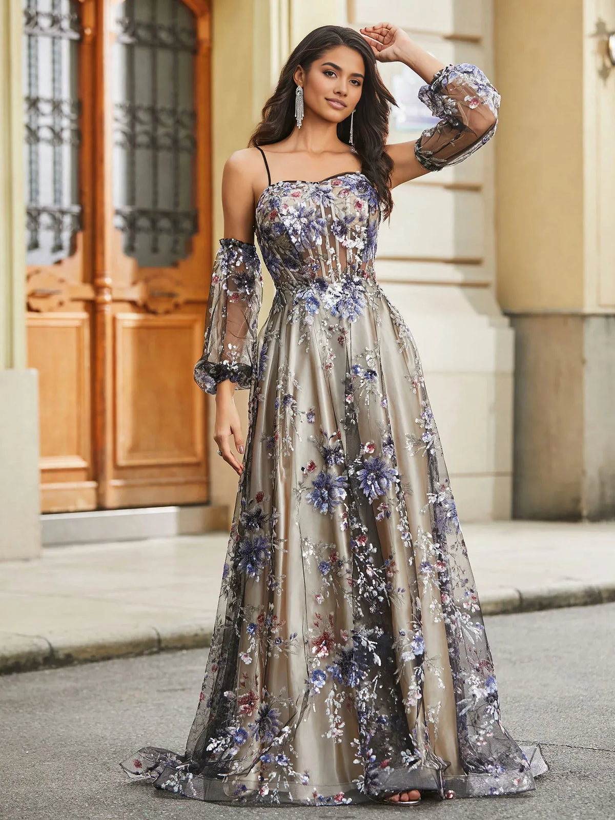 Floral corset formal dress with square neckline, sheer sleeves, floor-length taupe/blue, side view