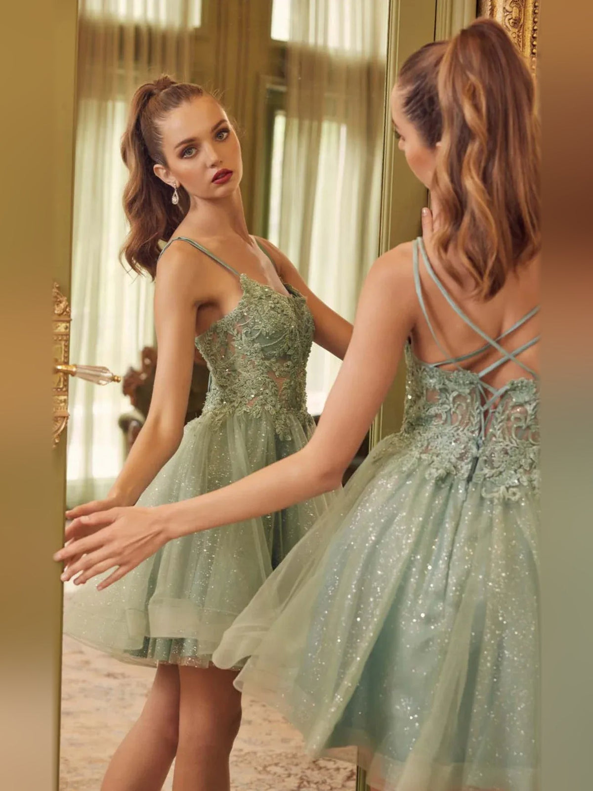 Floral A-line short tulle homecoming dress in sage green, corset bodice and crisscross back