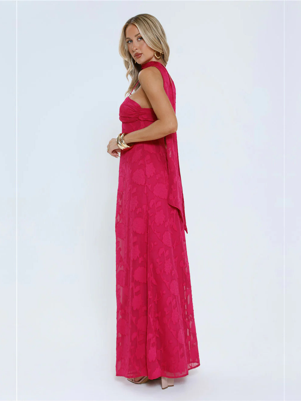 Pink a-line maxi formal dress with strapless neckline, alternate view showing the hem