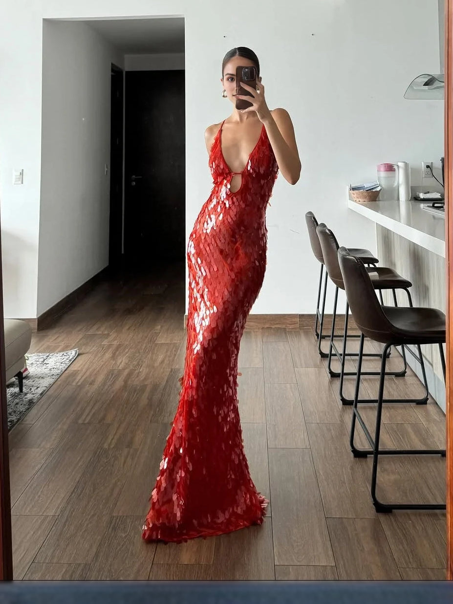 Red sequin maxi dress with V-neck spaghetti straps and open-back cutout