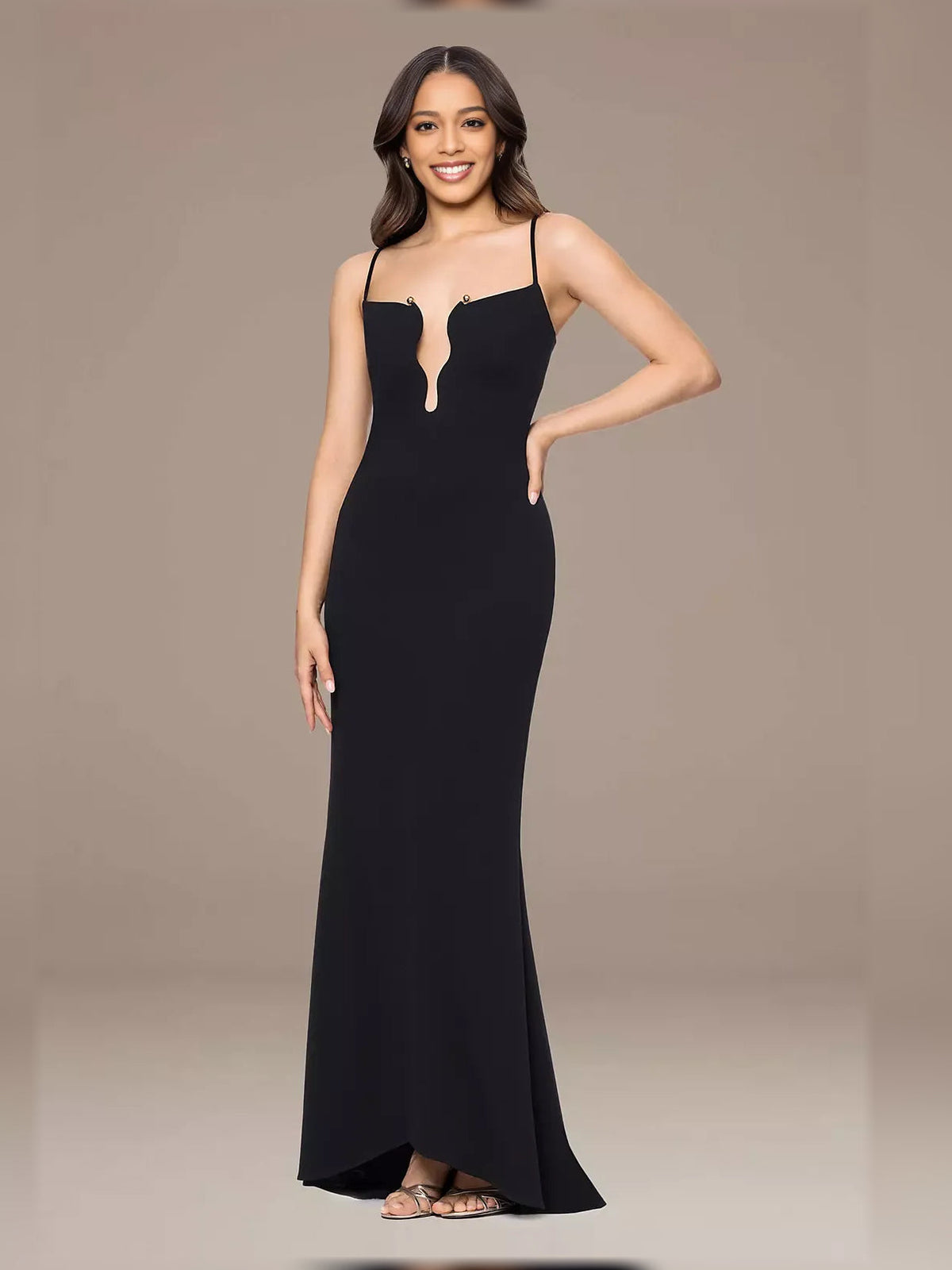 Black spaghetti-strap mermaid maxi formal dress with keyhole bust and fishtail hem