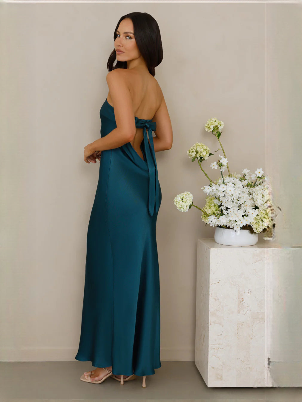 Teal sheath maxi formal dress with bow detail, alternate full-length view showing the hem