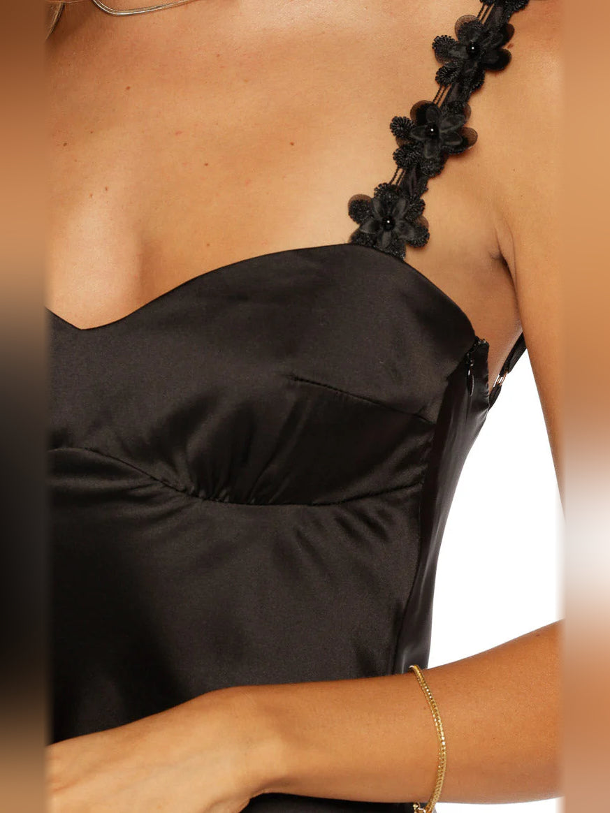 Black satin sweetheart bodice detail with beaded floral strap trim