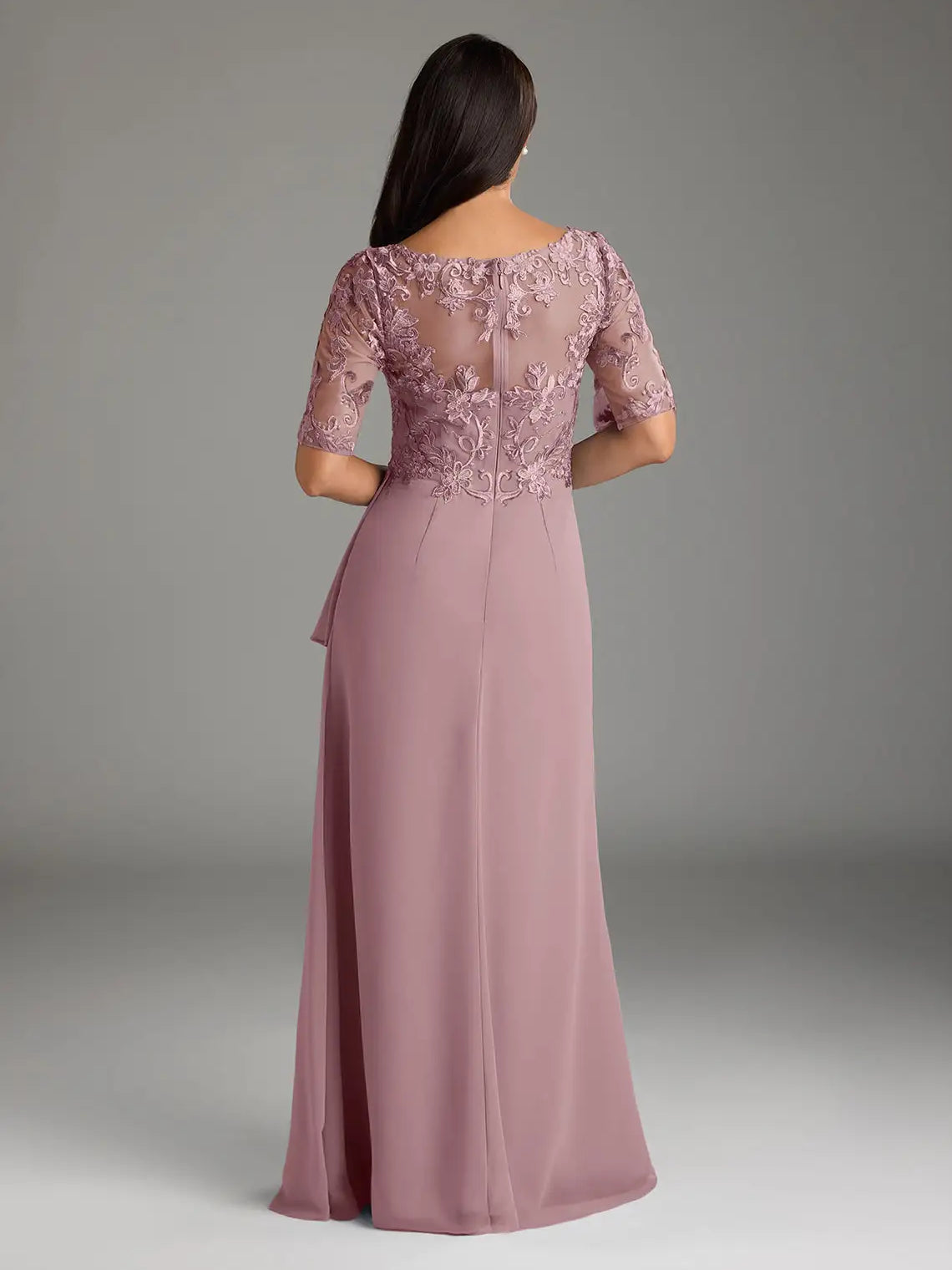 Dusty rose embroidered lace back maxi dress with short sleeves and flowing A-line skirt