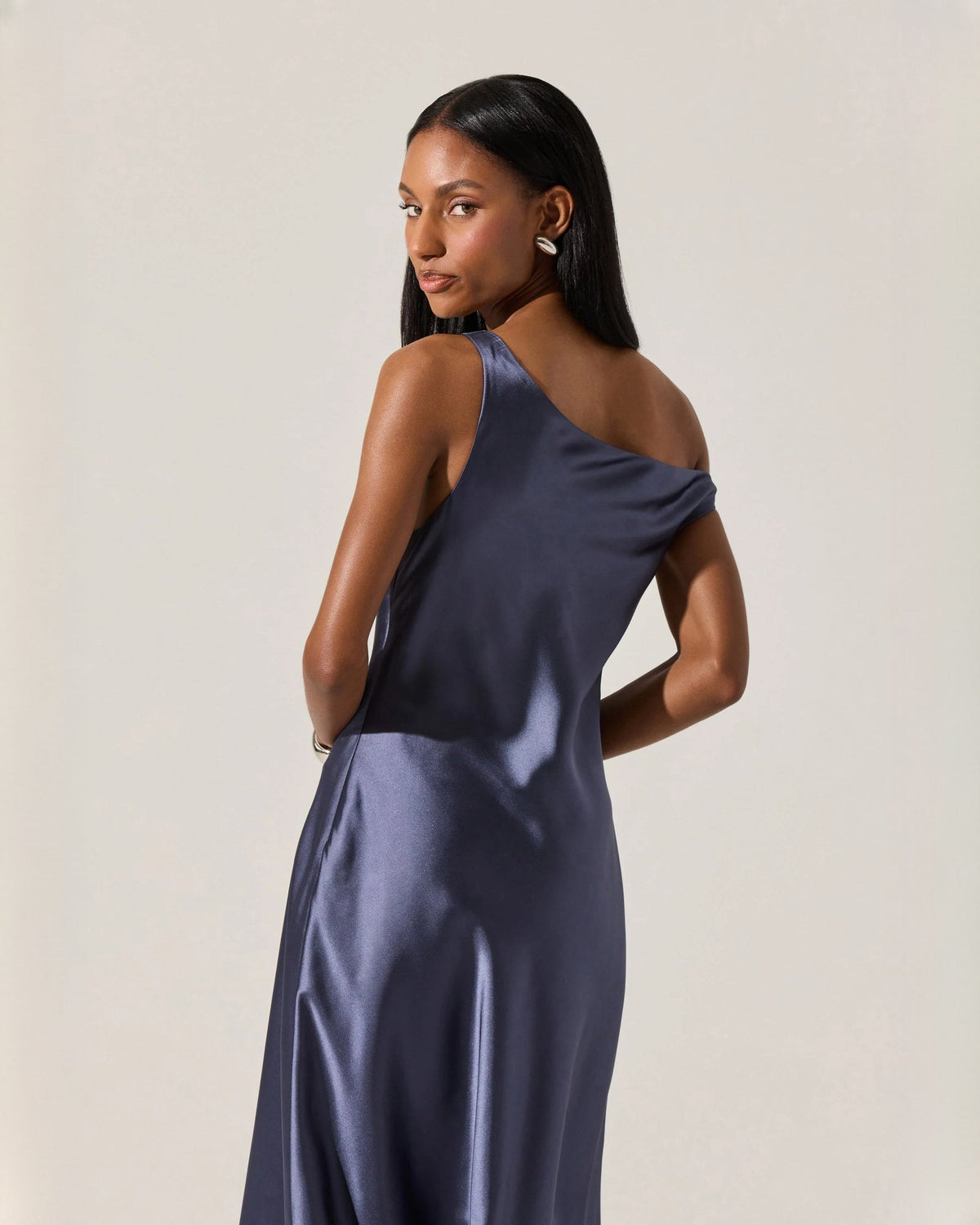 Royal blue satin off-shoulder midi A-line dress, scooped back neckline