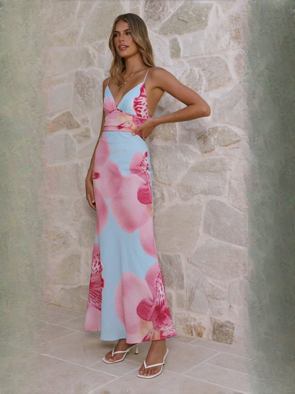Blue Pink Floral sheath maxi formal dress with floral print, alternate full-length view showing the hem
