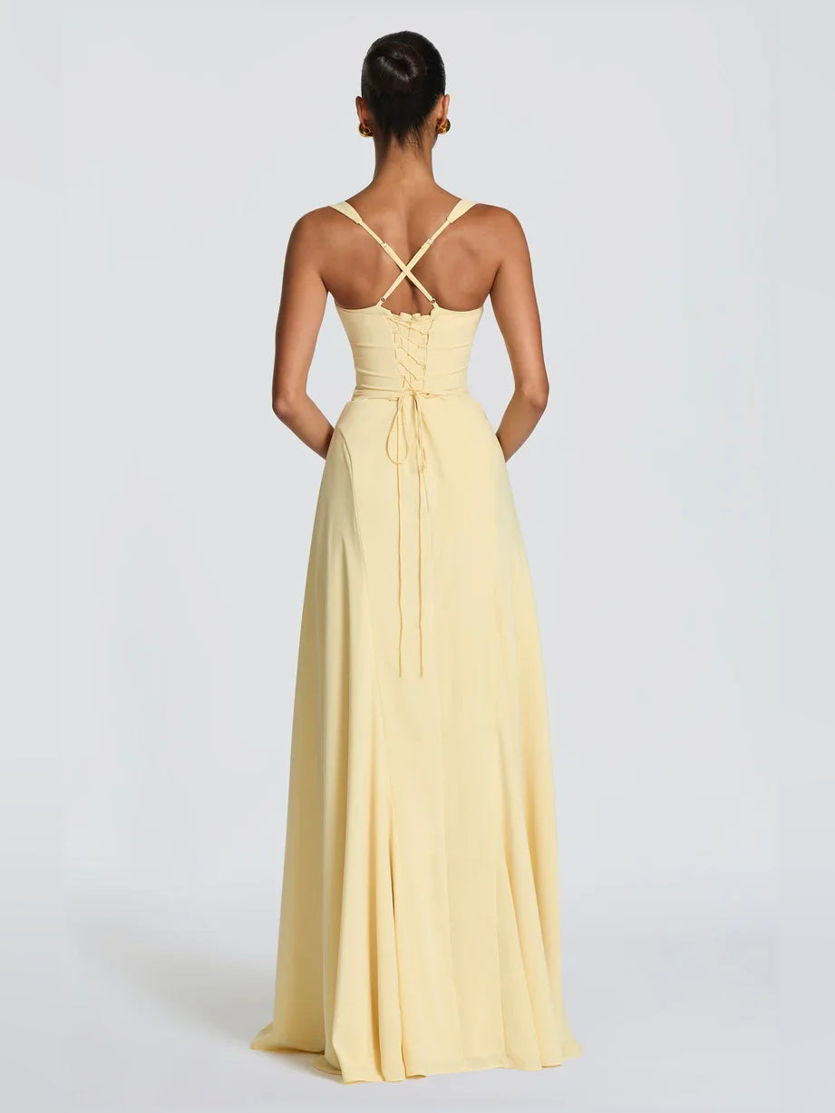 Lemon sweetheart corset A-line formal dress, open back with tie straps