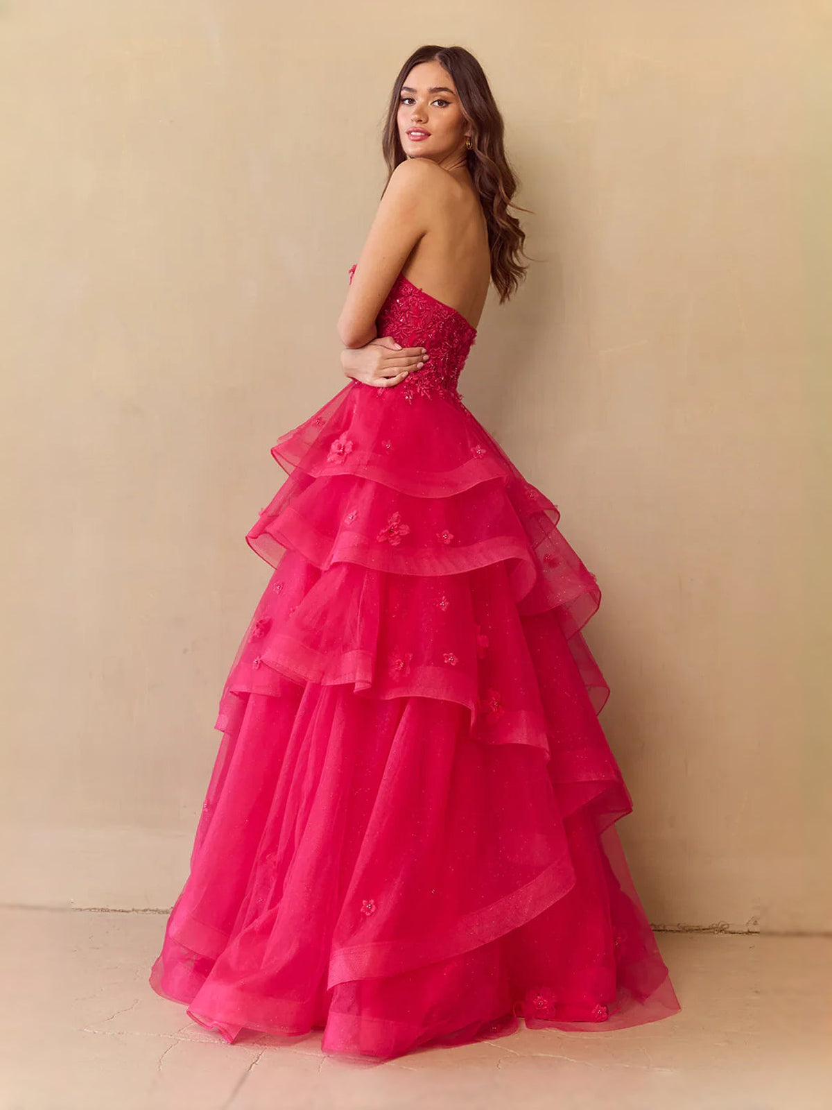 Hot pink strapless sweetheart bodice tiered tulle ruffles prom dress, side view