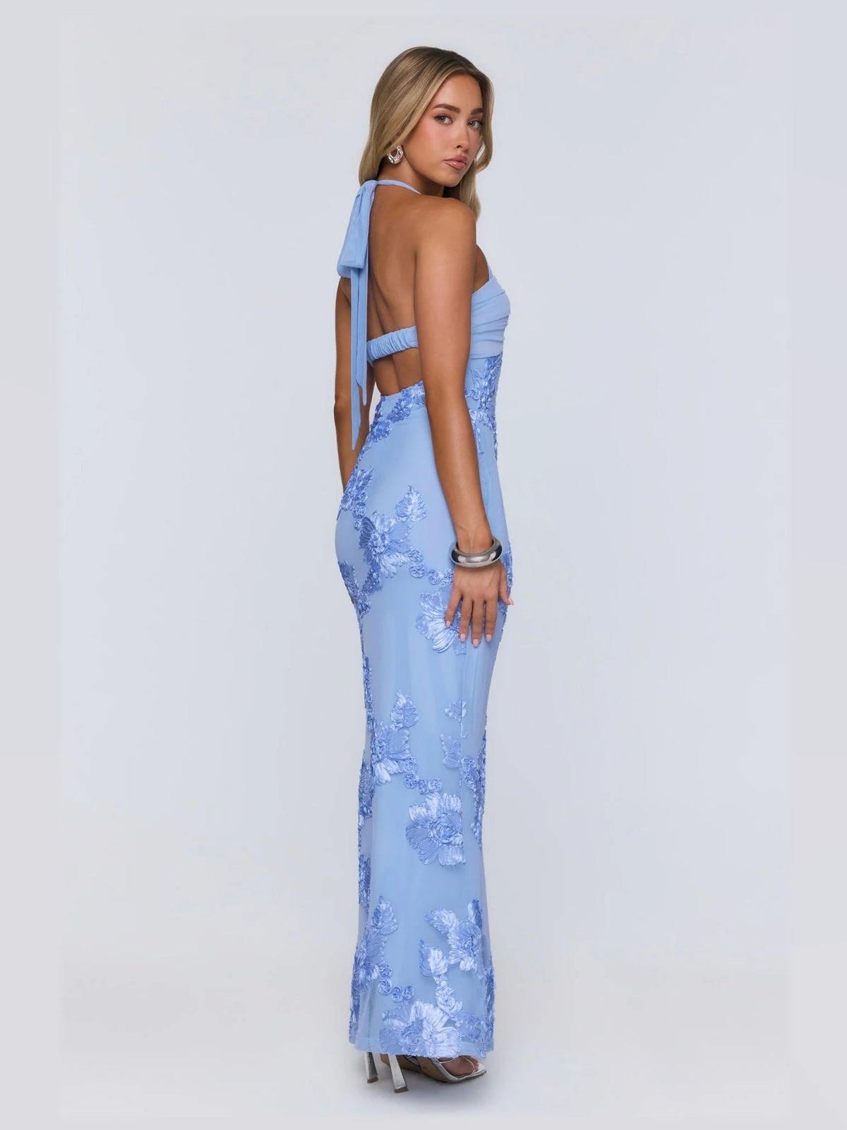 Blue maxi formal dress, alternate full-length view showing the overall shape