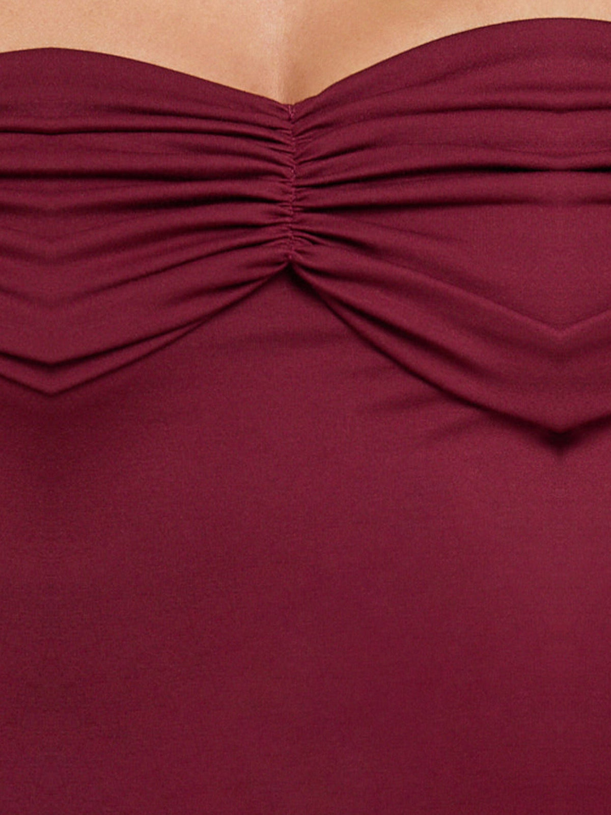 Wine bodycon maxi formal dress with ruching, alternate view showing the hem