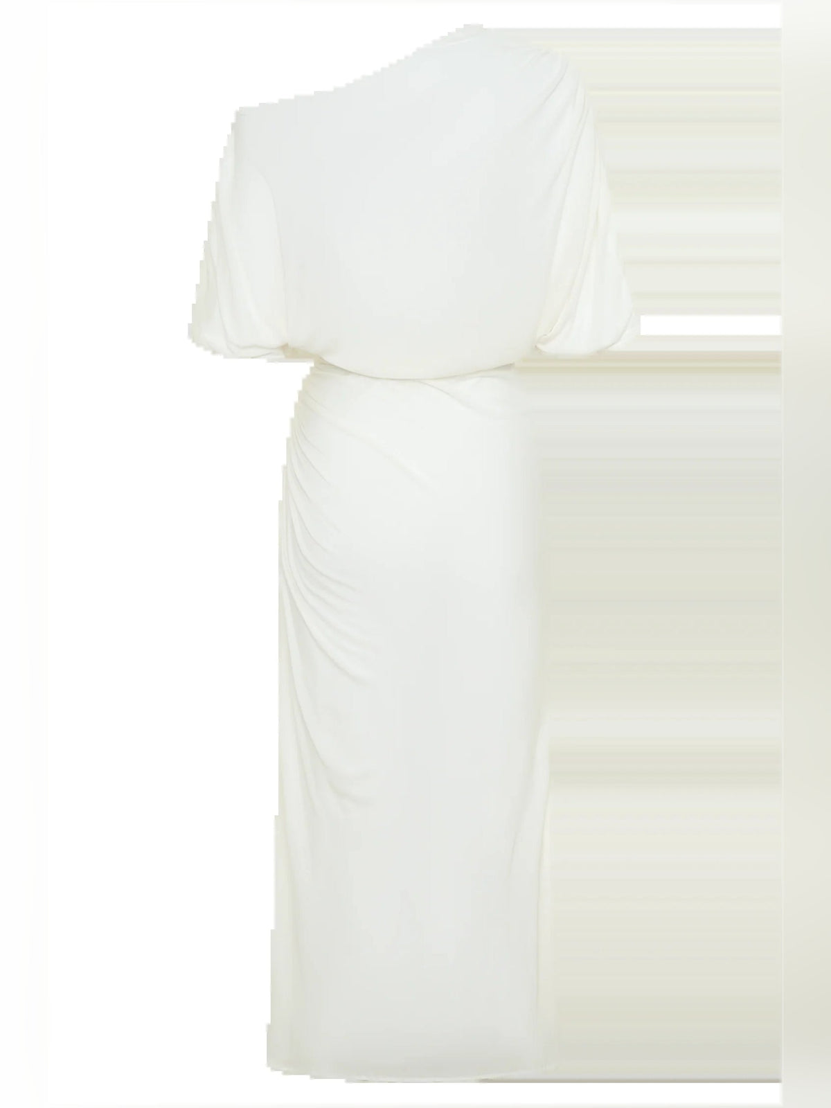 White midi dress fabric detail with layered drape and pleated seam