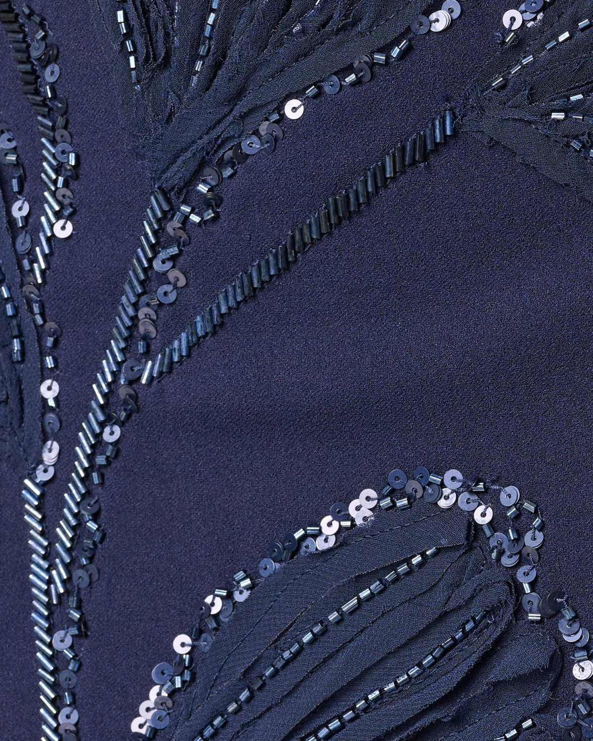 Dark navy floral beaded embroidery with sequins and glass-bead trim