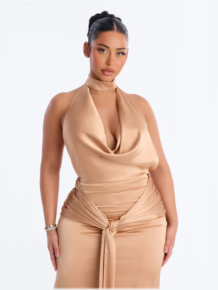 Champagne halter neck corset-style formal dress with cowl neckline and tied waist