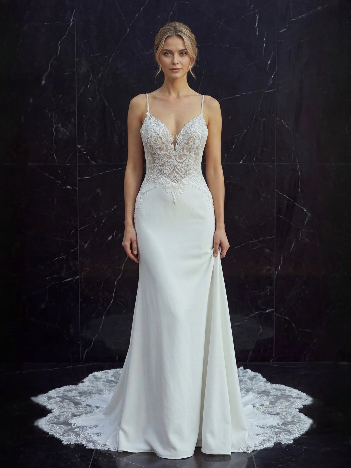 White V-neck mermaid wedding dress with lace bodice and floor-length skirt