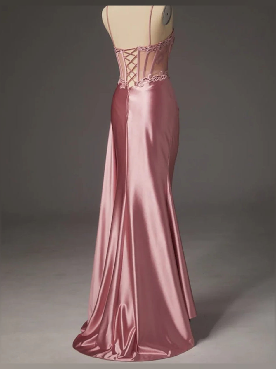 Rose gold satin prom dress with sweetheart neckline and ruched skirt with side slit