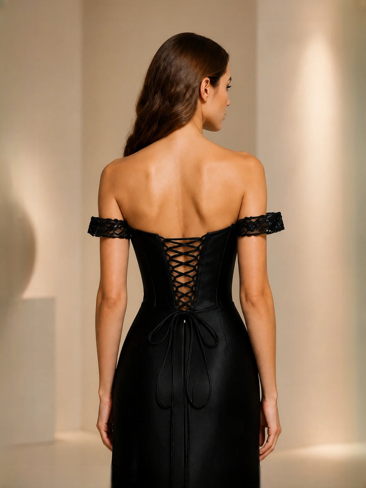 Black off-shoulder satin prom dress, lace-up corset back and floor-length A-line skirt