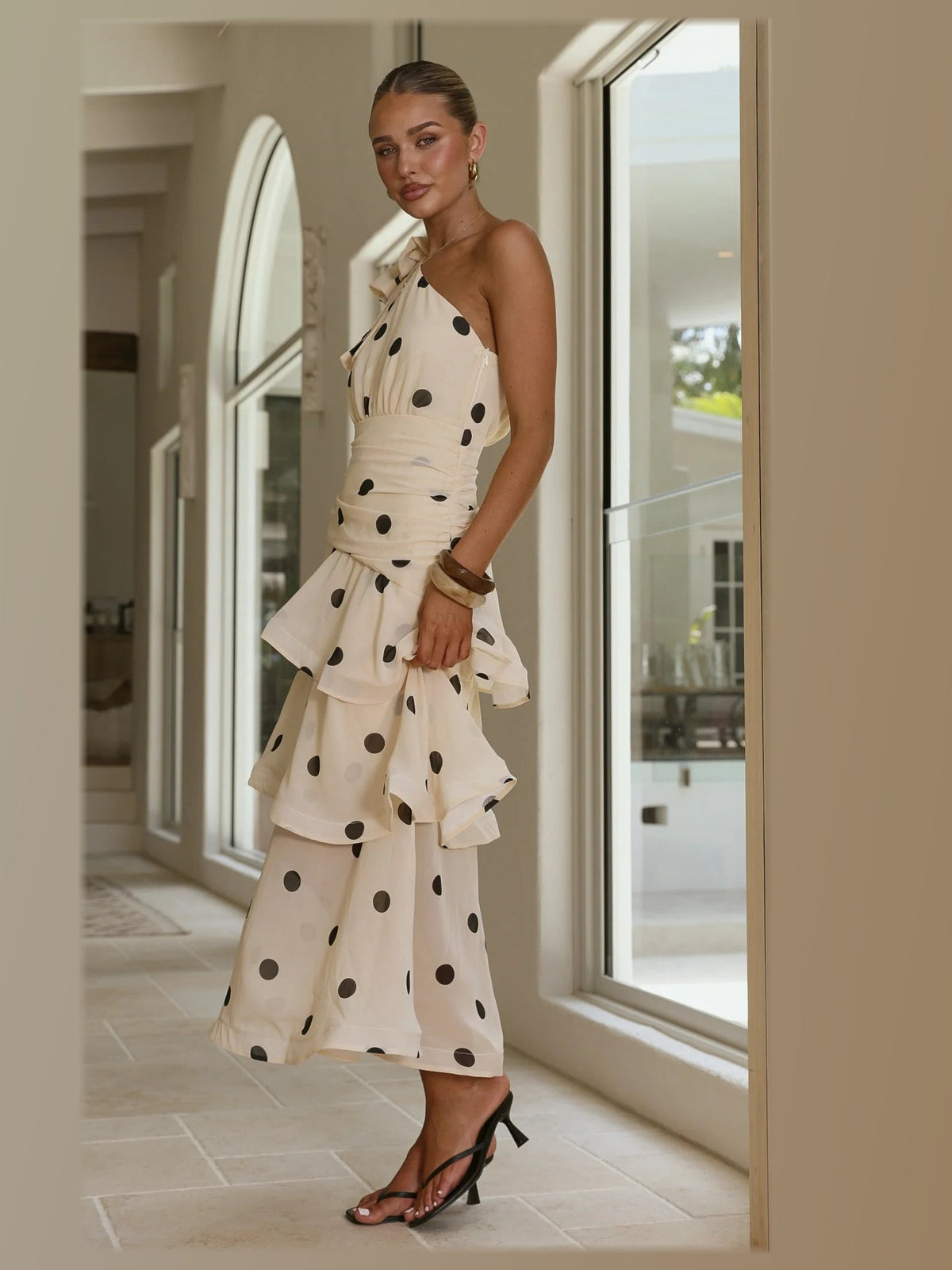 Cream Black Polka Dot maxi formal dress, alternate full-length view showing the overall shape