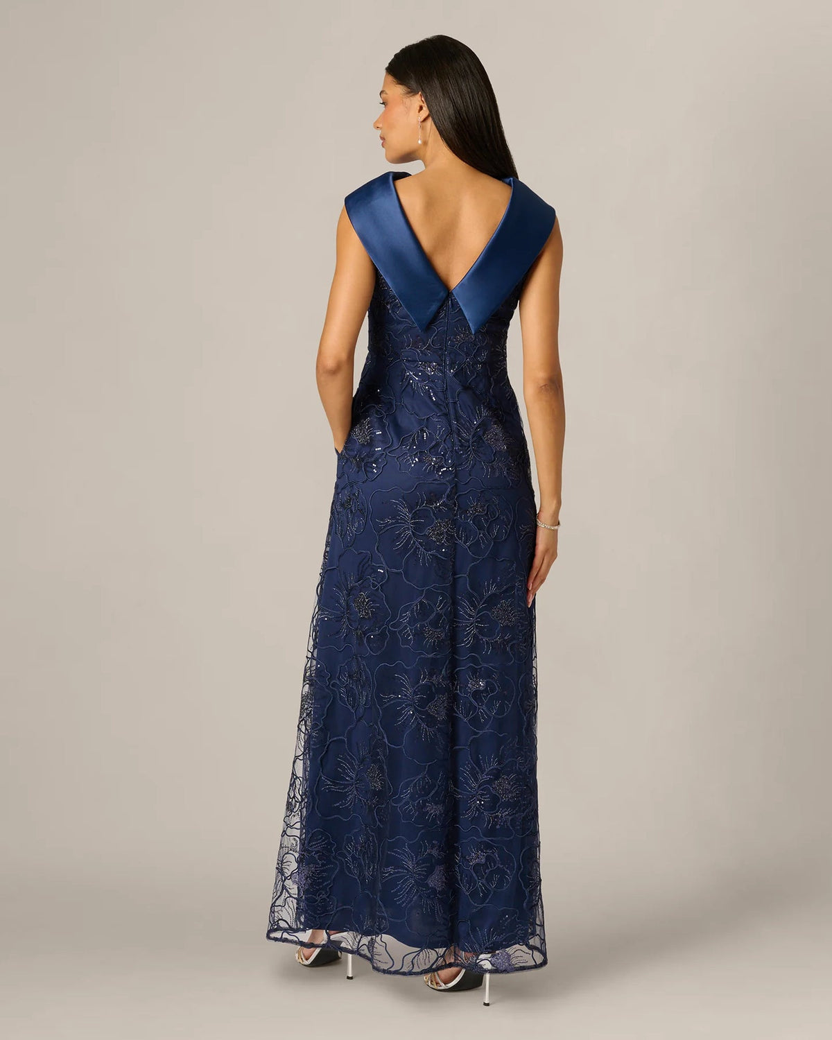 Midnight blue sleeveless floral lace maxi dress with V-back and A-line skirt