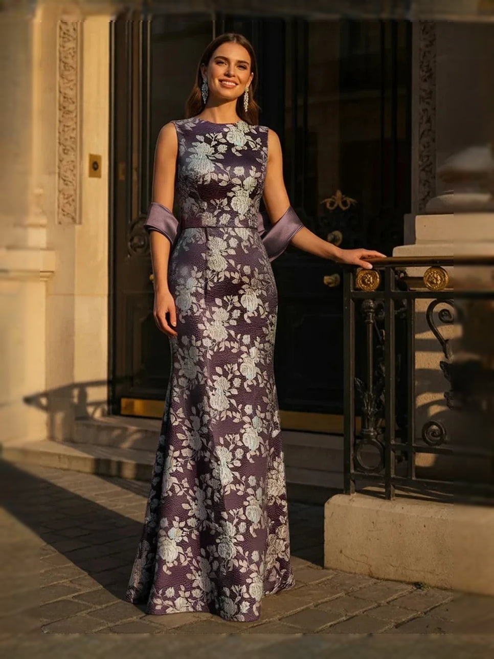 Deep purple floral mermaid evening dress with scoop neck, sleeveless bodice, floor length
