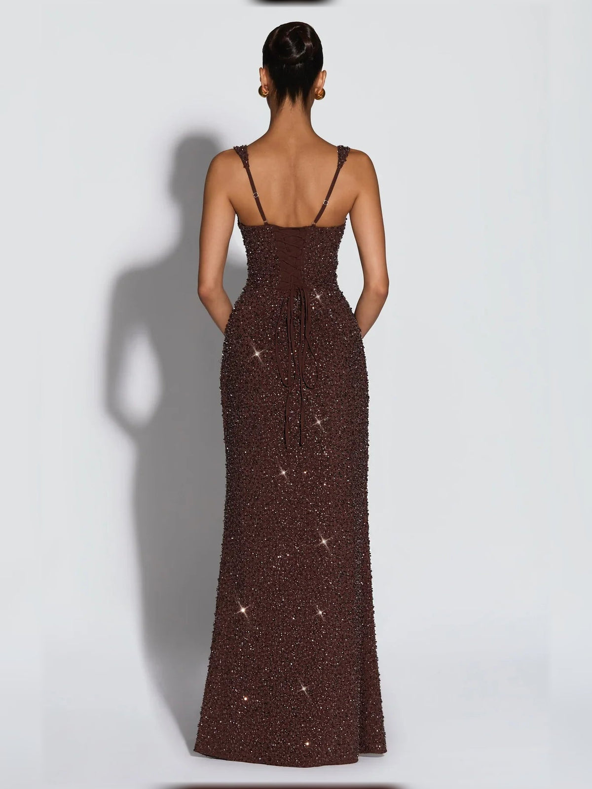 Espresso corset formal dress with lace-up open back, sleeveless floor-length sequins