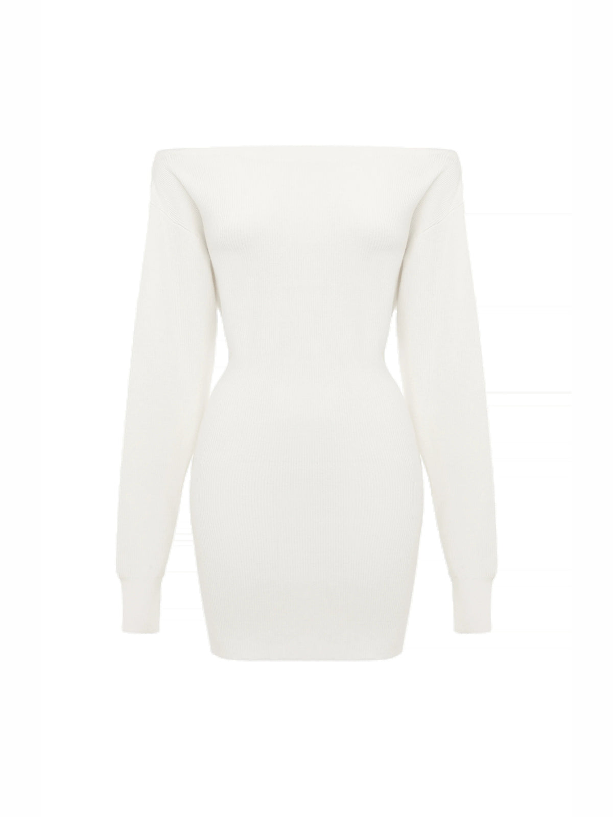 Ivory mini off-shoulder dress flat lay, long sleeves, fitted ruched waist