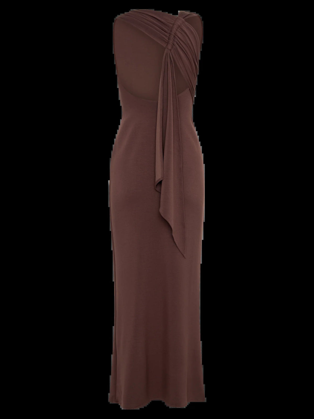 Brown midi dress, open back with gathered crossover strap detail