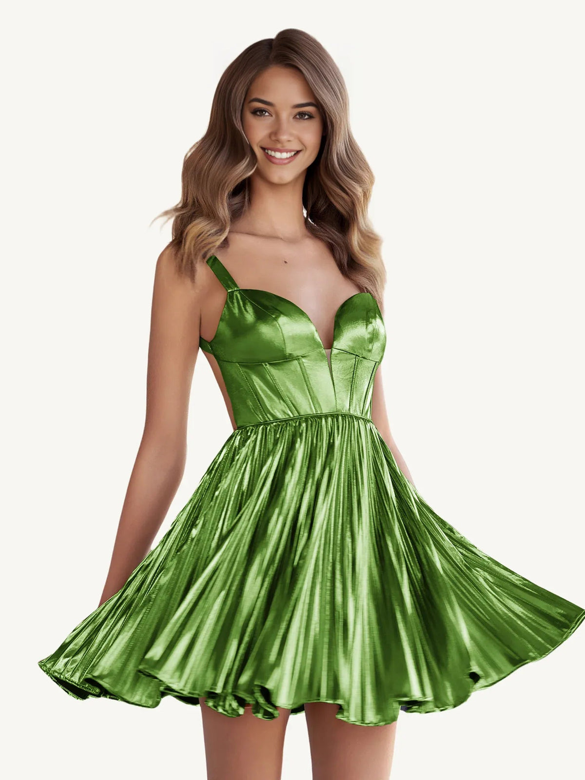 Metallic green pleated mini A-line dress with sweetheart corset bodice and thin straps