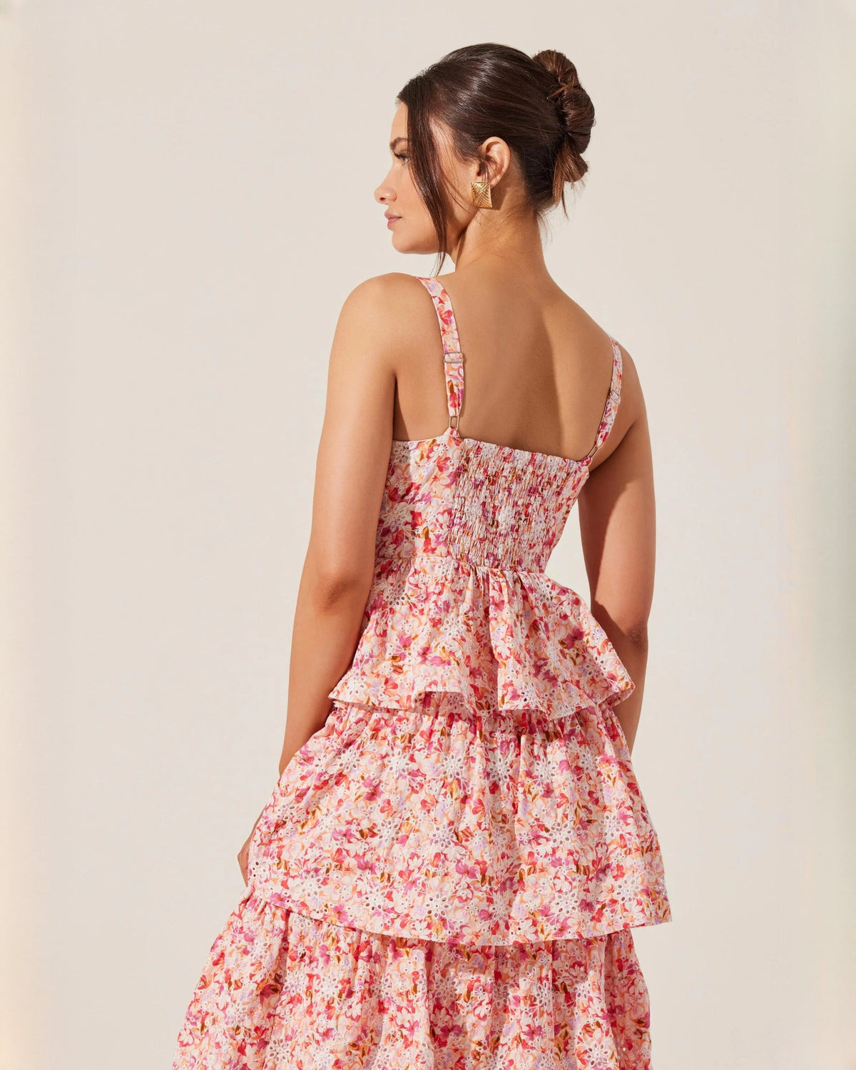 Back view of pink floral sleeveless chiffon maxi dress with tiered ruffles and open back