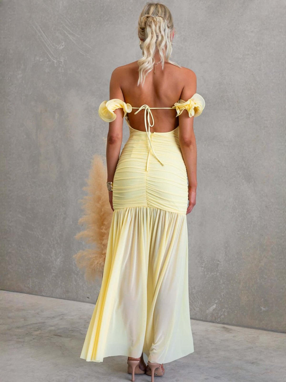 Butter Yellow fit-and-flare maxi formal dress with floral appliqu¨¦, alternate full-length view showing the hem