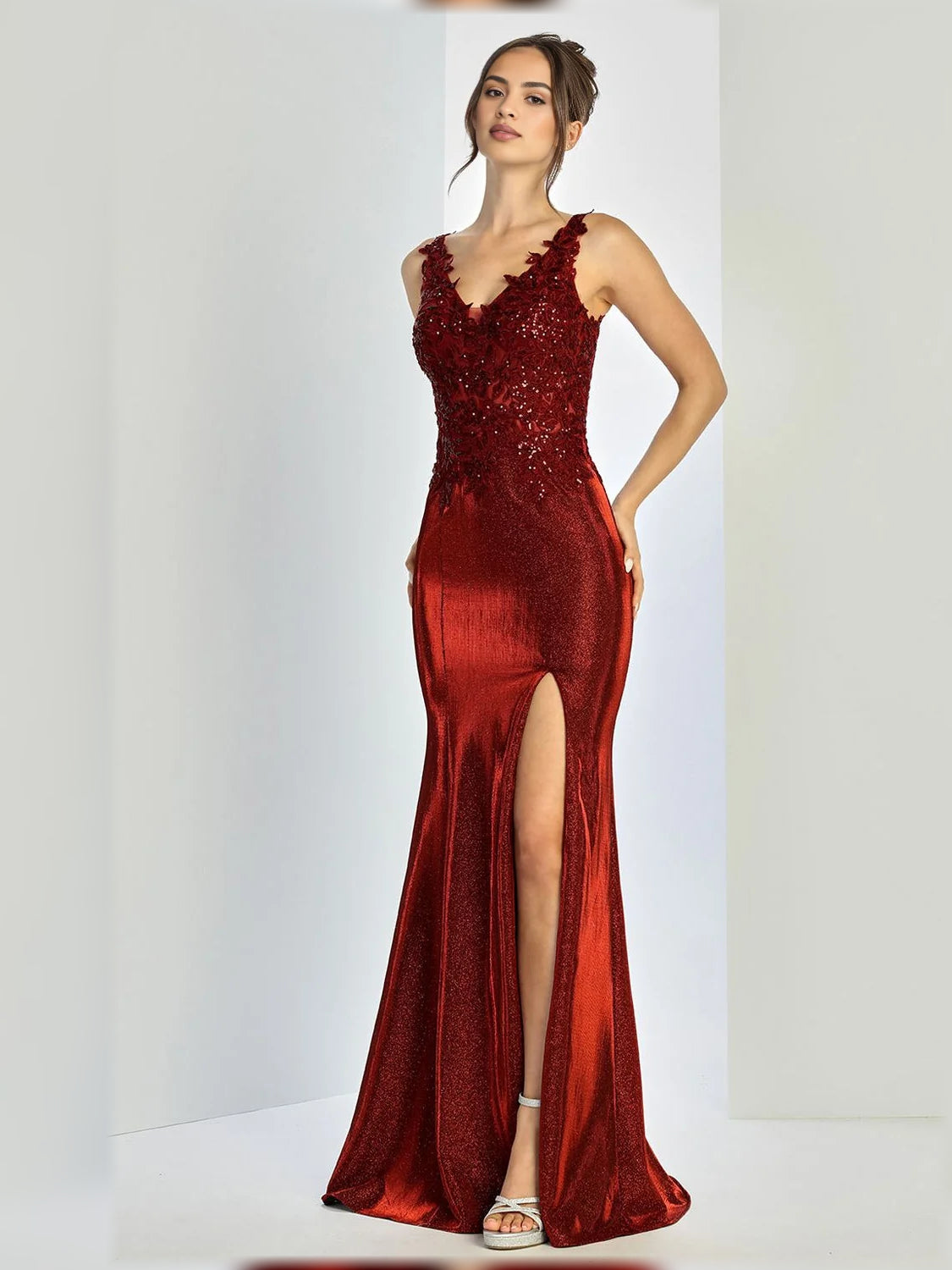 Burgundy V-neck sleeveless mermaid formal dress with jeweled bodice and front slit