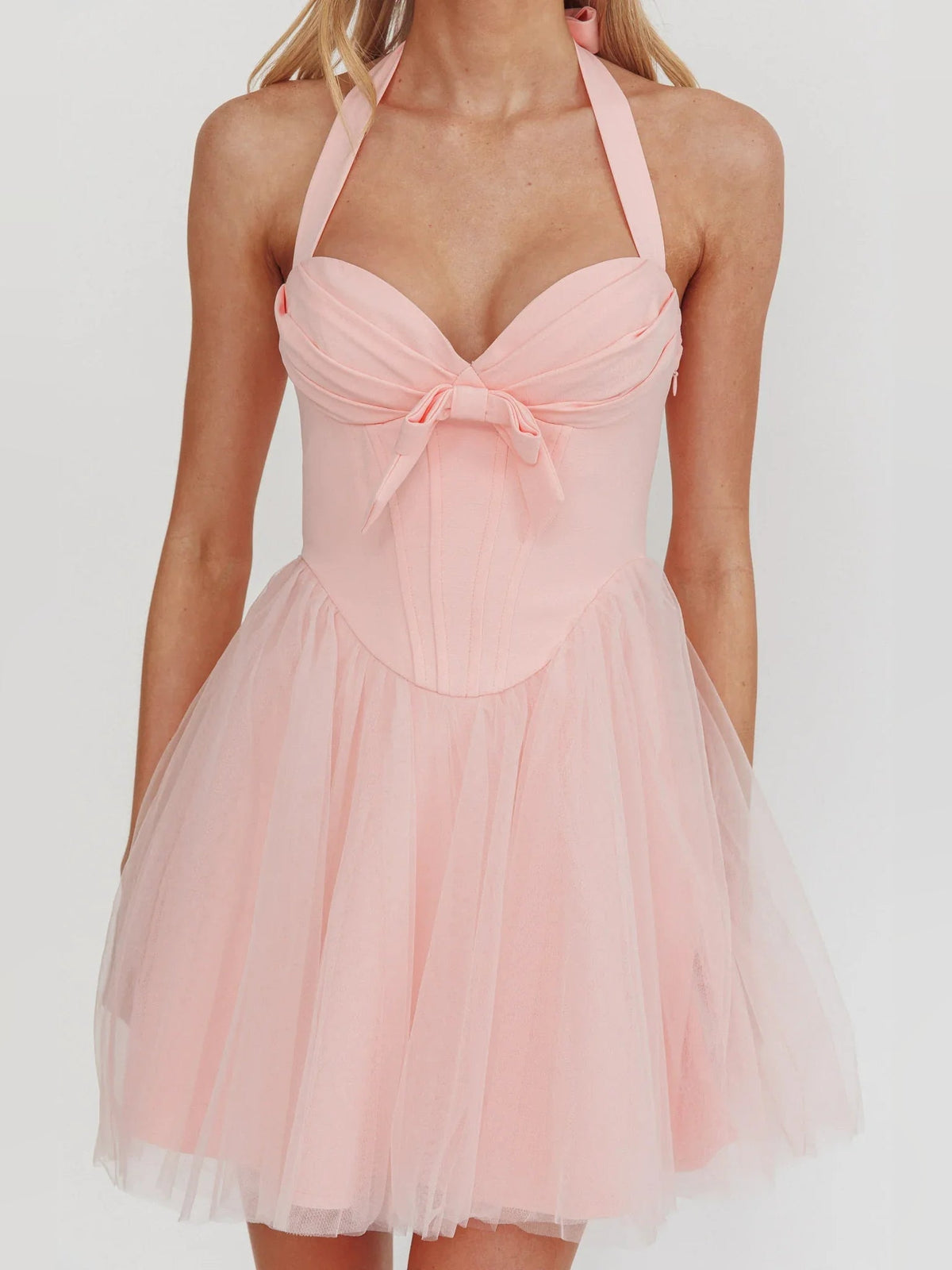 Blush pink halter corset mini dress with sweetheart neckline and layered tulle