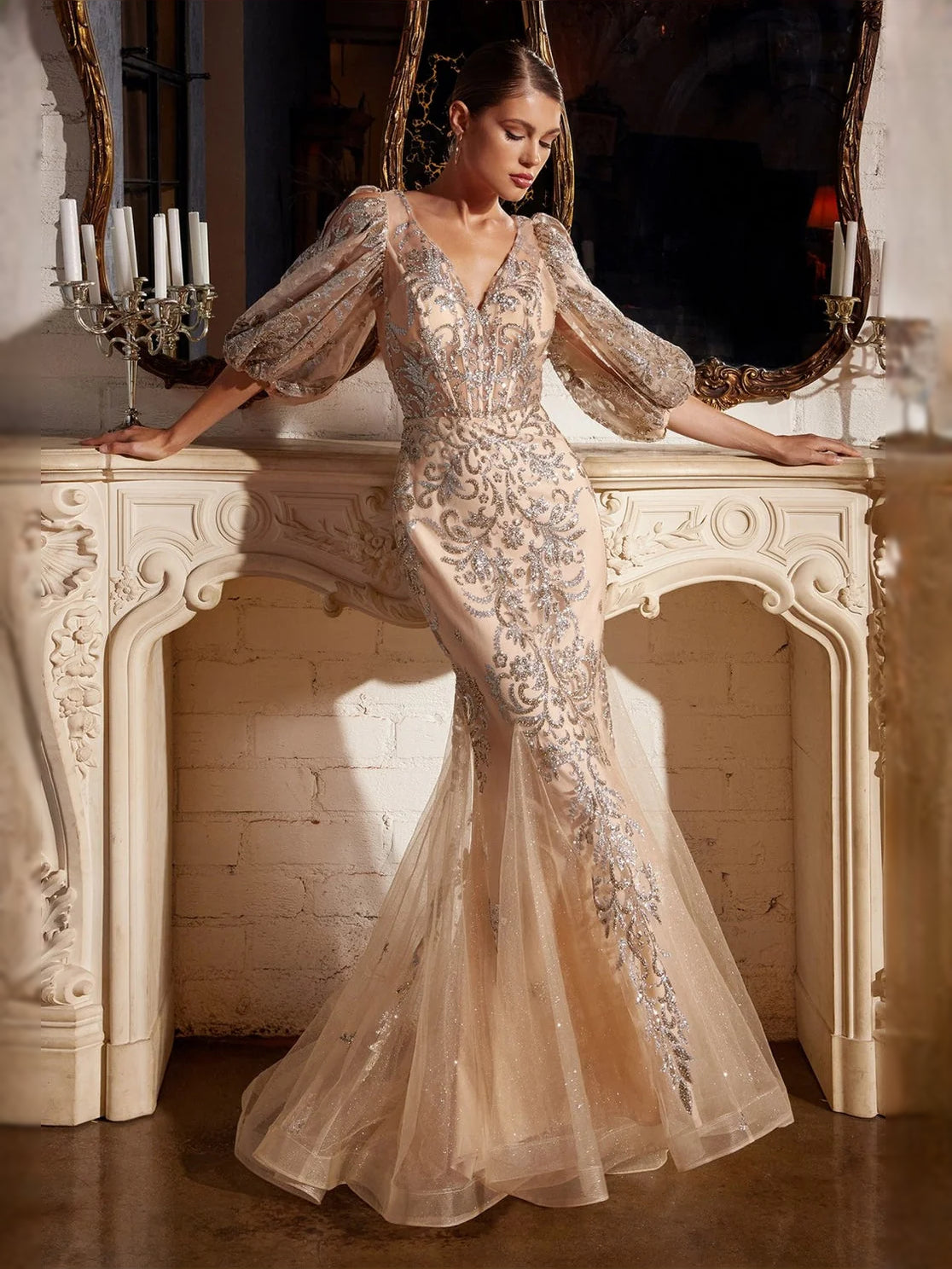 Champagne embroidered glitter V-neck mermaid prom dress with sheer puff sleeves and tulle skirt