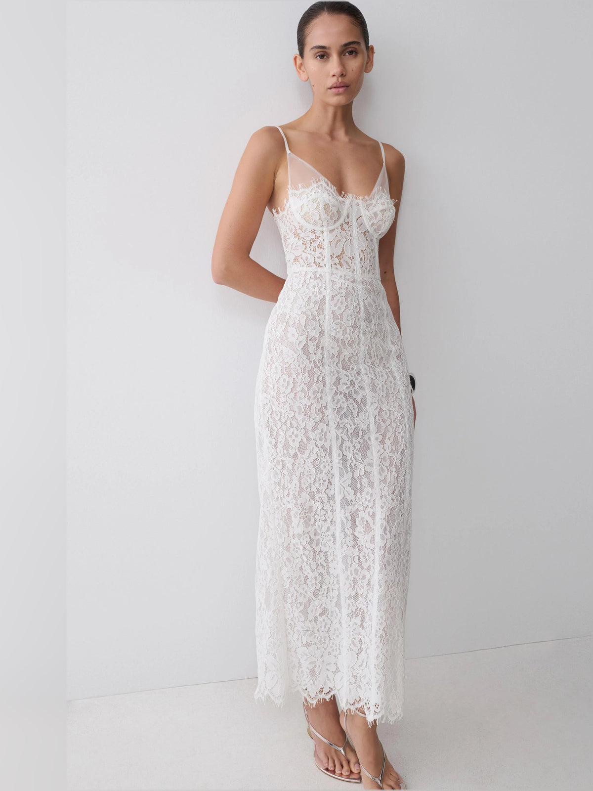 White lace midi formal dress close front view with spaghetti straps and lace skirt